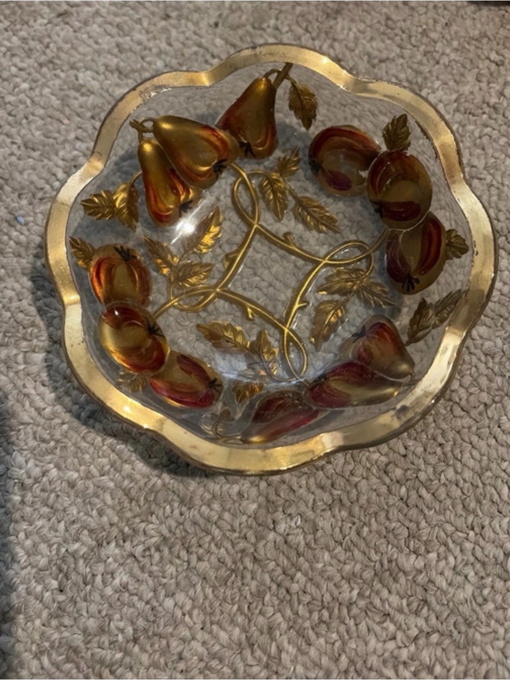 Vintage Goofus Gold-Trimmed Glass Fruit Bowl with Red Amber Accents